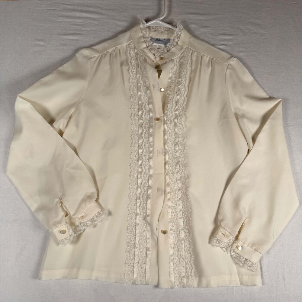 Vintage 70s 80s Alicia Cream Lace Prairie Blouse Made in USA High Neck Victorian